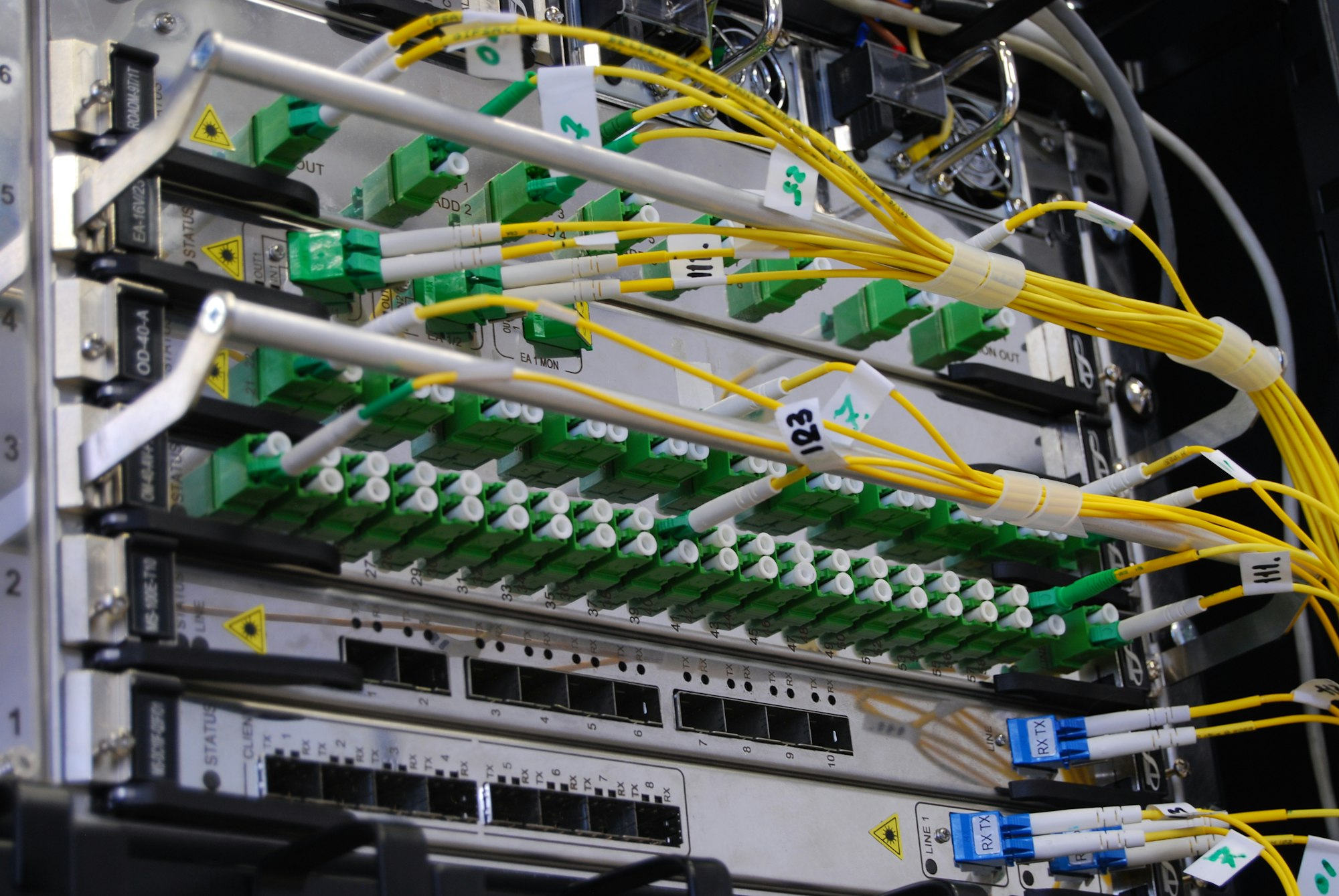 Fibre optic cables connected to a network switch